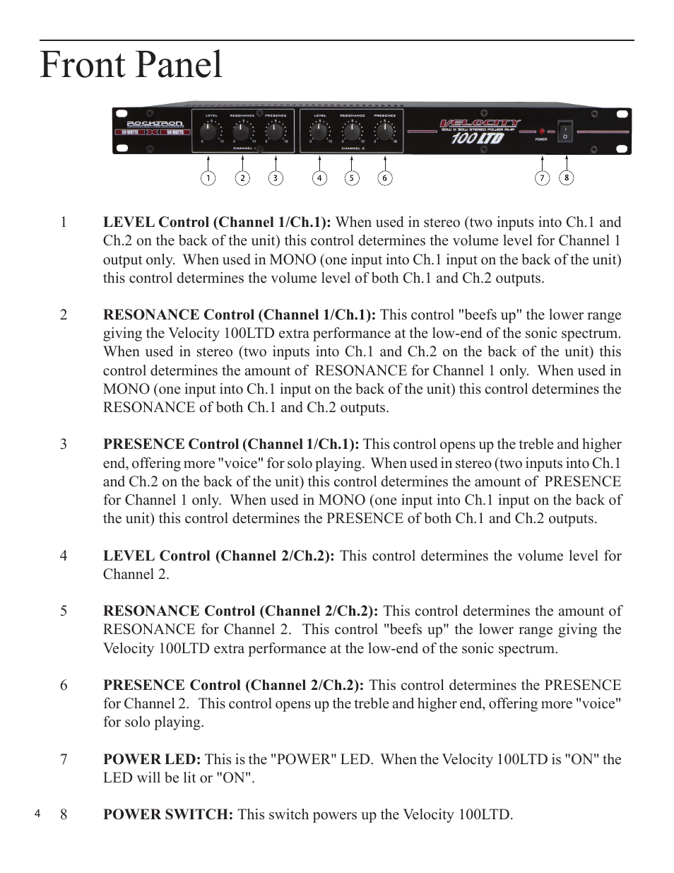 Front panel | Rocktron Velocity 100LTD User Manual | Page 4 / 12