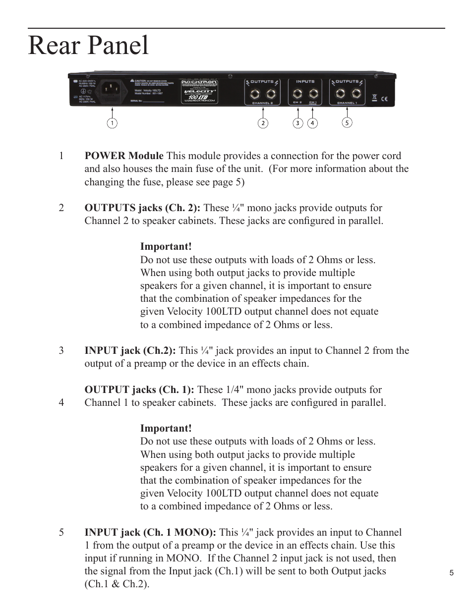 Rear panel | Rocktron Velocity 100LTD User Manual | Page 5 / 12