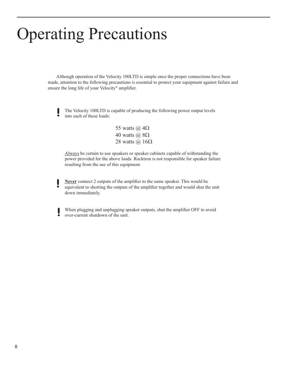 Operating precautions | Rocktron Velocity 100LTD User Manual | Page 8 / 12