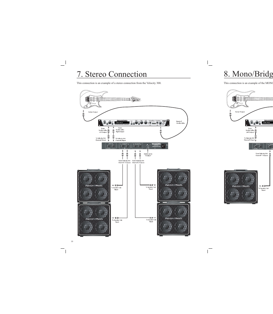 Stereo connection, Mono/bridged connection | Rocktron Velocity 300 User Manual | Page 10 / 16