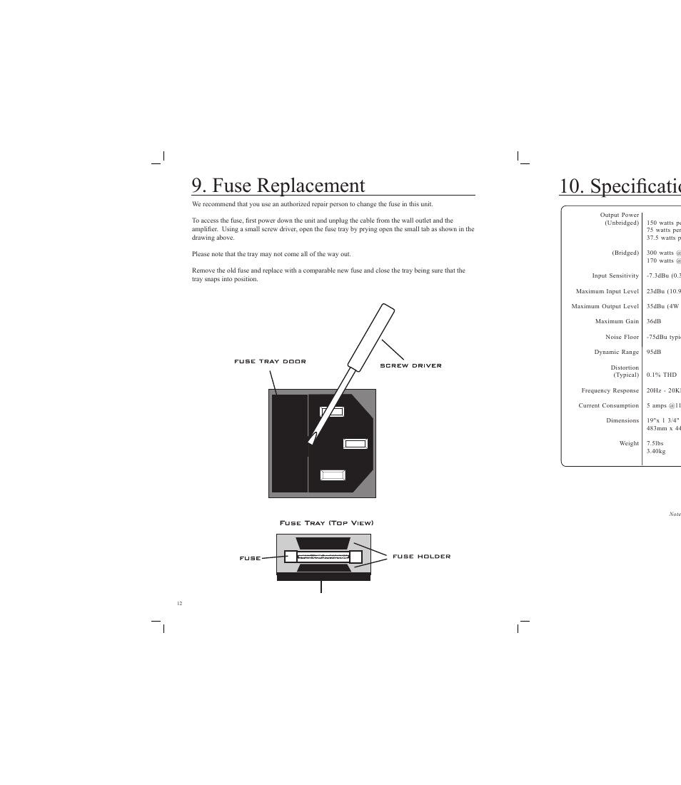 Fuse replacement, Specifications | Rocktron Velocity 300 User Manual | Page 12 / 16