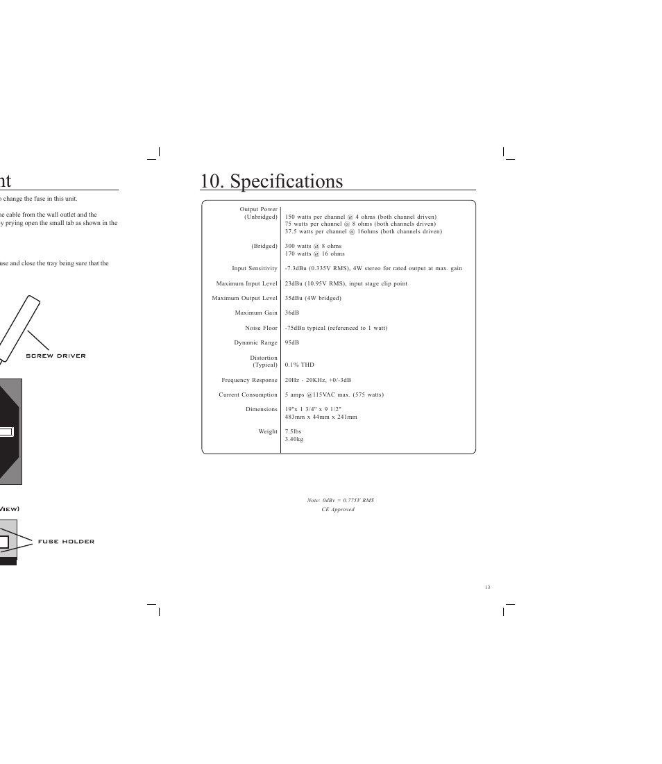Fuse replacement, Specifications | Rocktron Velocity 300 User Manual | Page 13 / 16