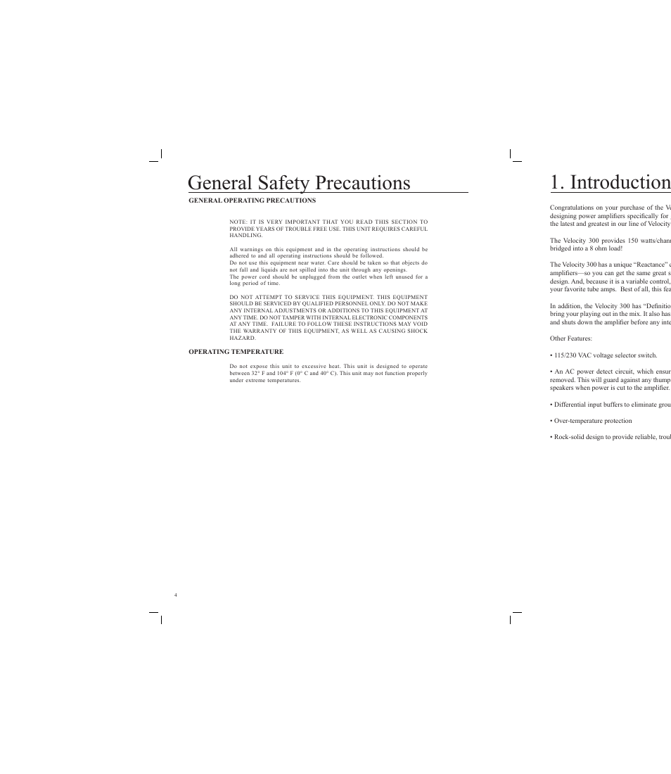 Introduction, General safety precautions | Rocktron Velocity 300 User Manual | Page 4 / 16