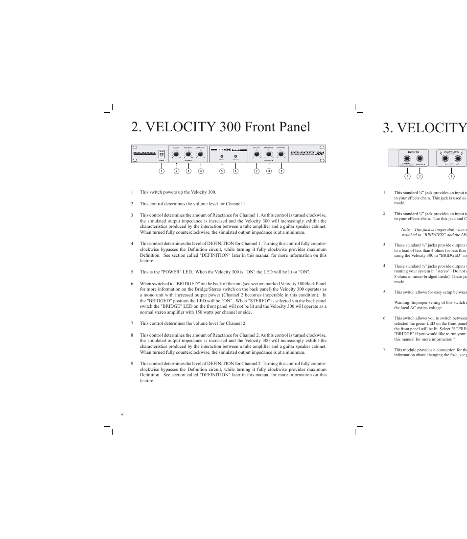 Velocity 300 front panel, Velocity 300 rear panel | Rocktron Velocity 300 User Manual | Page 6 / 16