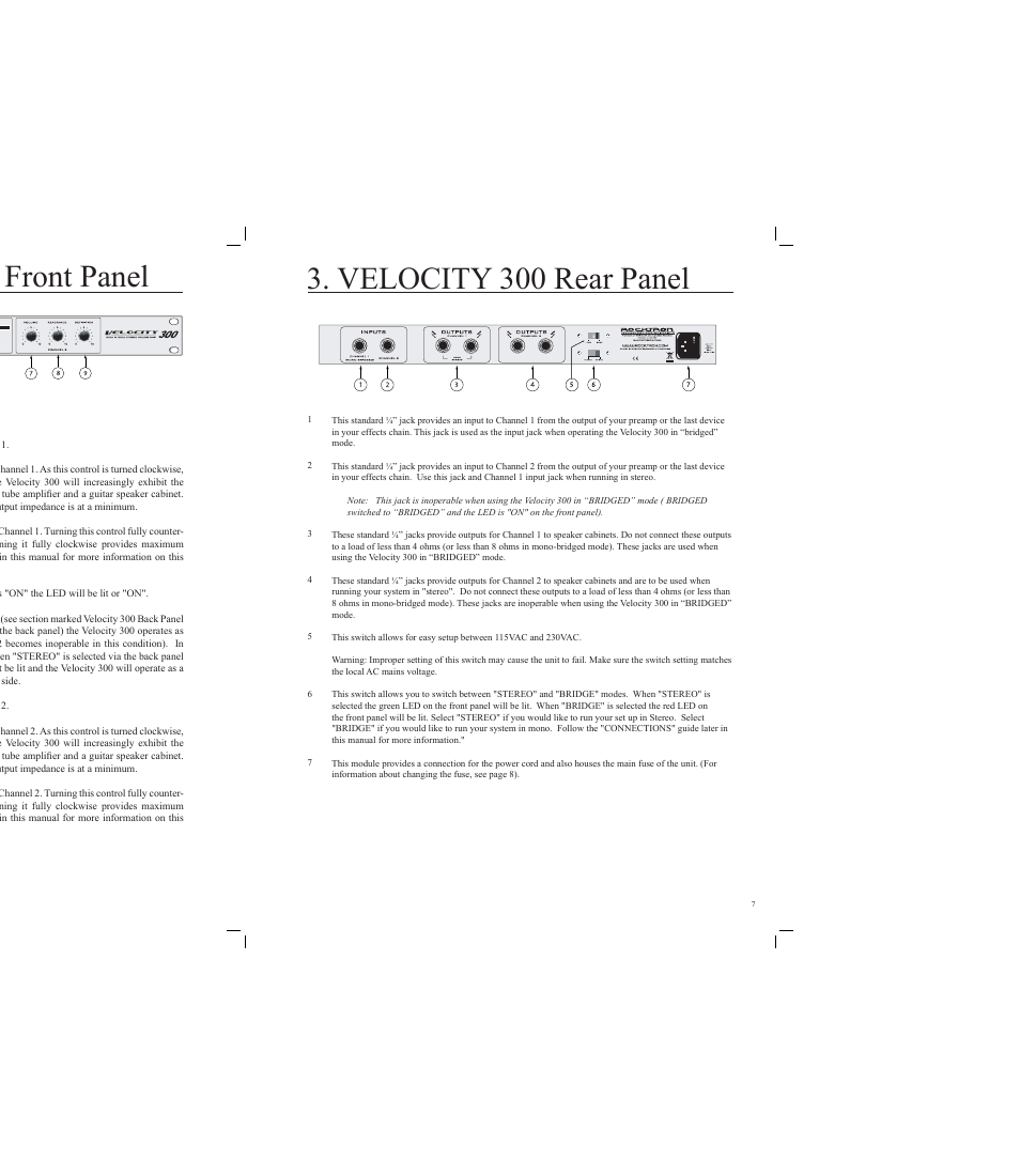 Velocity 300 front panel, Velocity 300 rear panel | Rocktron Velocity 300 User Manual | Page 7 / 16