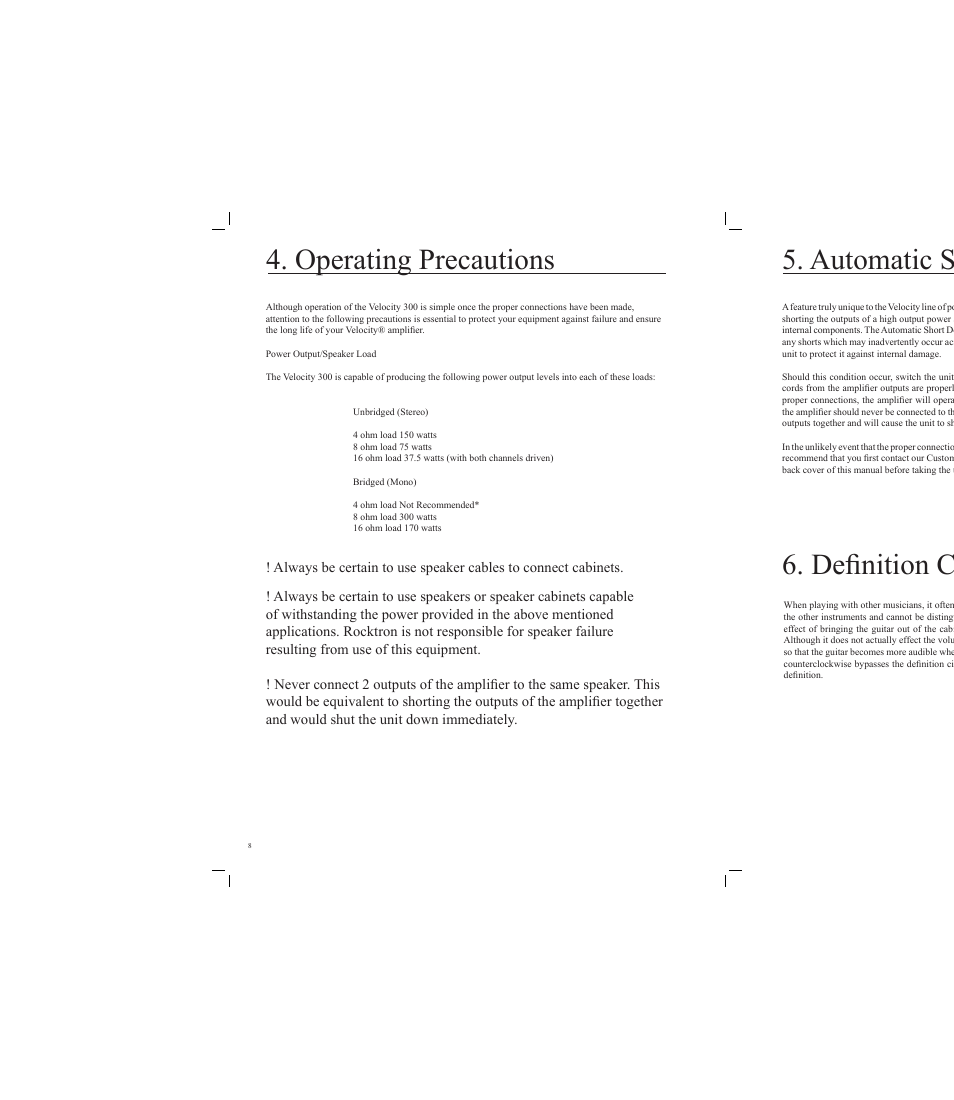 Operating precautions, Automatic short detection, Definition controls | Rocktron Velocity 300 User Manual | Page 8 / 16