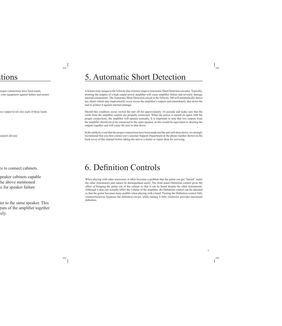 Operating precautions, Automatic short detection, Definition controls | Rocktron Velocity 300 User Manual | Page 9 / 16
