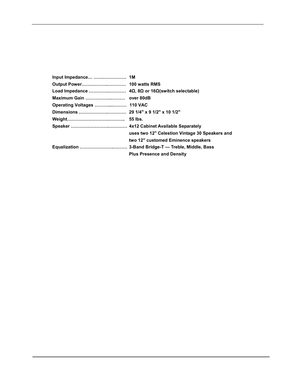 Specifications | Rocktron Vendetta 100W 2x12 Combo Amp User Manual | Page 13 / 16
