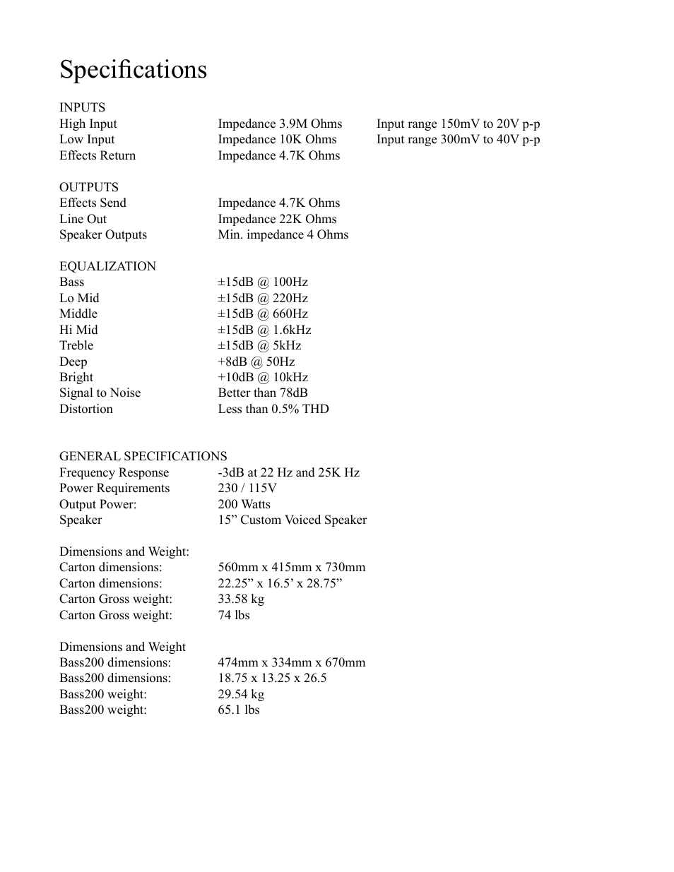 Speciﬁcations | Rocktron BASS200 User Manual | Page 10 / 12