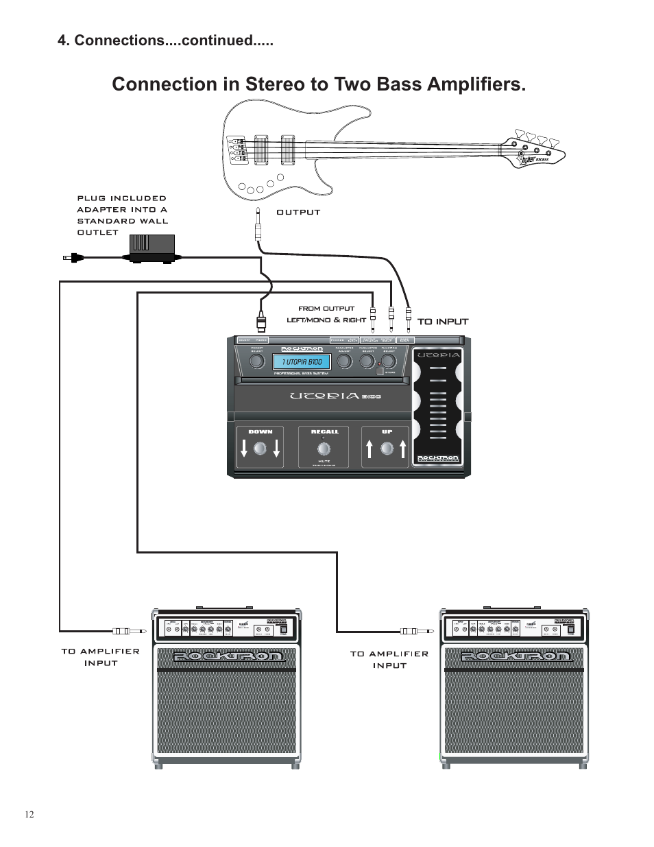 Connection in stereo to two bass ampliﬁ ers | Rocktron Utopia B100 User Manual | Page 12 / 72