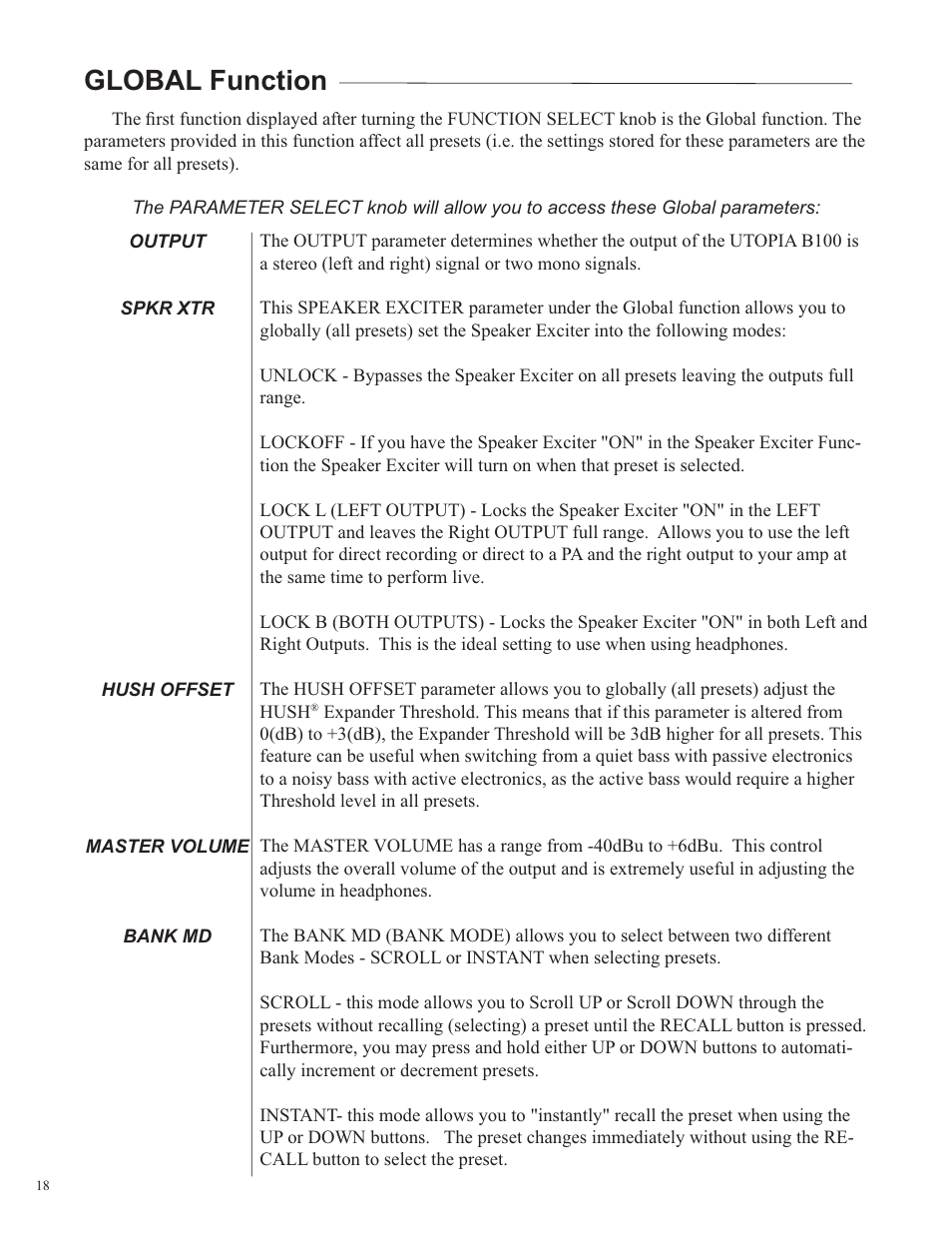 Global function | Rocktron Utopia B100 User Manual | Page 18 / 72