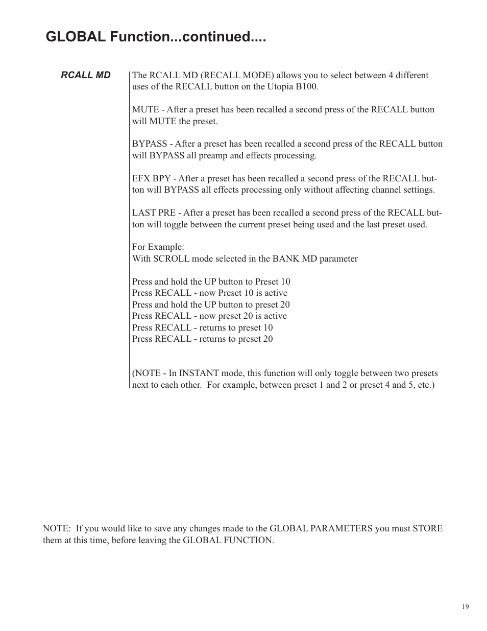 Global function...continued | Rocktron Utopia B100 User Manual | Page 19 / 72