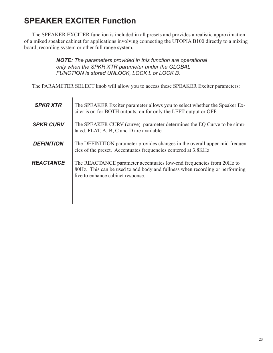 Speaker exciter function | Rocktron Utopia B100 User Manual | Page 23 / 72