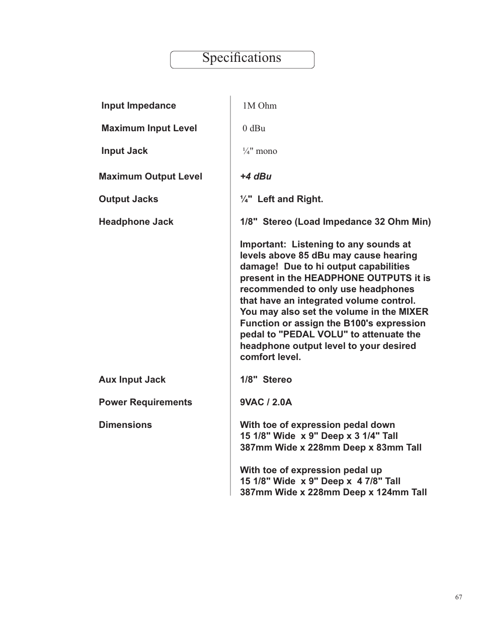 Speciﬁ cations | Rocktron Utopia B100 User Manual | Page 67 / 72