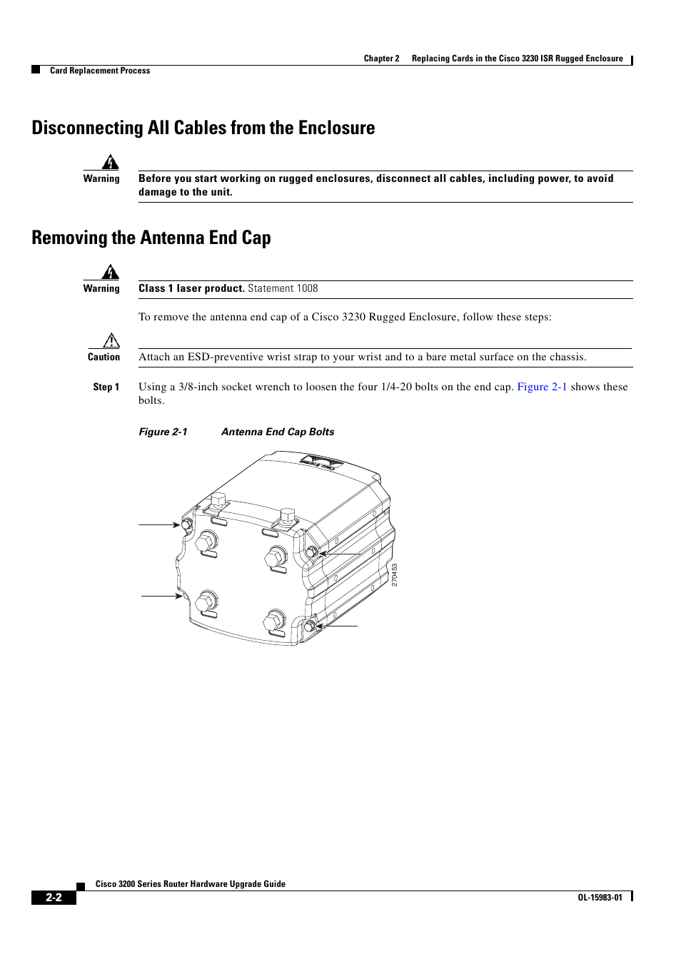 Disconnecting all cables from the enclosure, Removing the antenna end cap | Cisco 3200 Series User Manual | Page 18 / 60