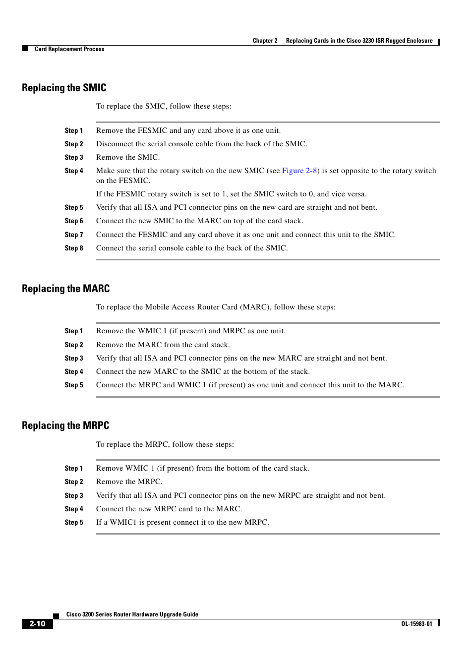 Replacing the smic, Replacing the marc, Replacing the mrpc | Cisco 3200 Series User Manual | Page 26 / 60