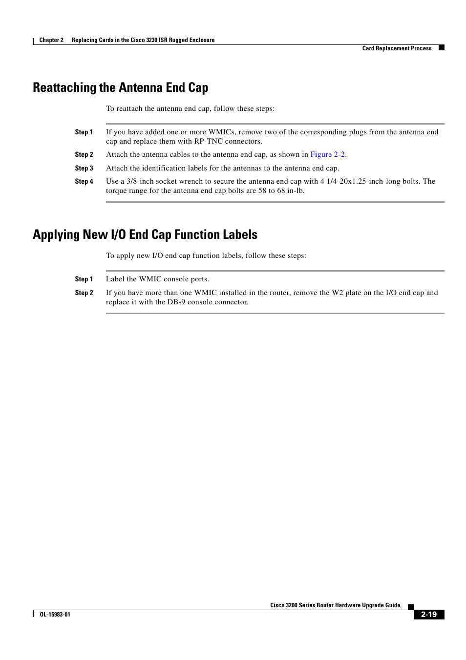 Reattaching the antenna end cap, Applying new i/o end cap function labels | Cisco 3200 Series User Manual | Page 35 / 60