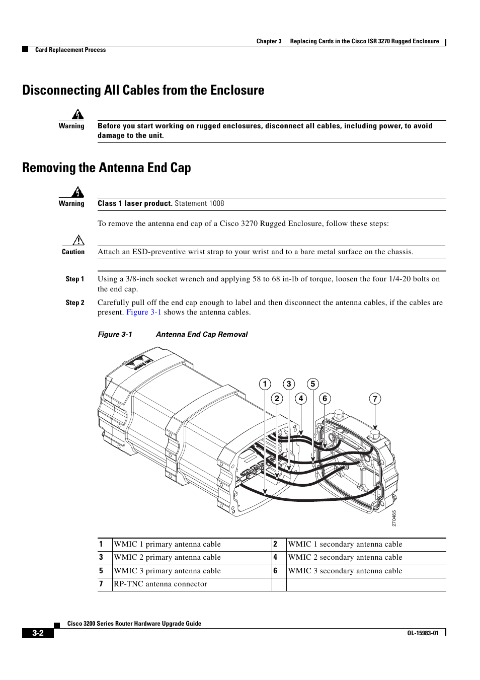 Disconnecting all cables from the enclosure, Removing the antenna end cap | Cisco 3200 Series User Manual | Page 38 / 60