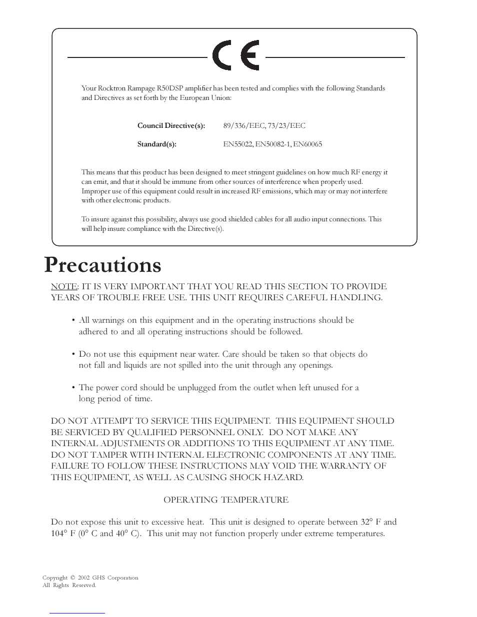 Precautions | Rocktron Rampage R50 DSP User Manual | Page 2 / 8