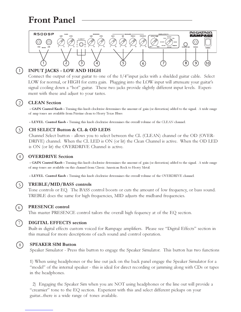 Front panel | Rocktron Rampage R50 DSP User Manual | Page 3 / 8