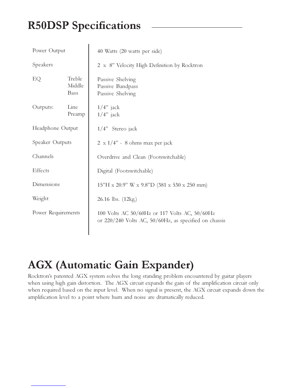 Agx (automatic gain expander), R50dsp specifications | Rocktron Rampage R50 DSP User Manual | Page 6 / 8