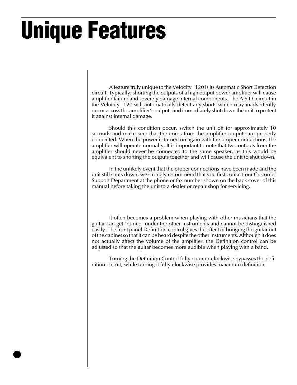 Unique features, Automatic short detection, Definition control | Automatic short detection definition control | Rocktron Velocity 120 User Manual | Page 11 / 12