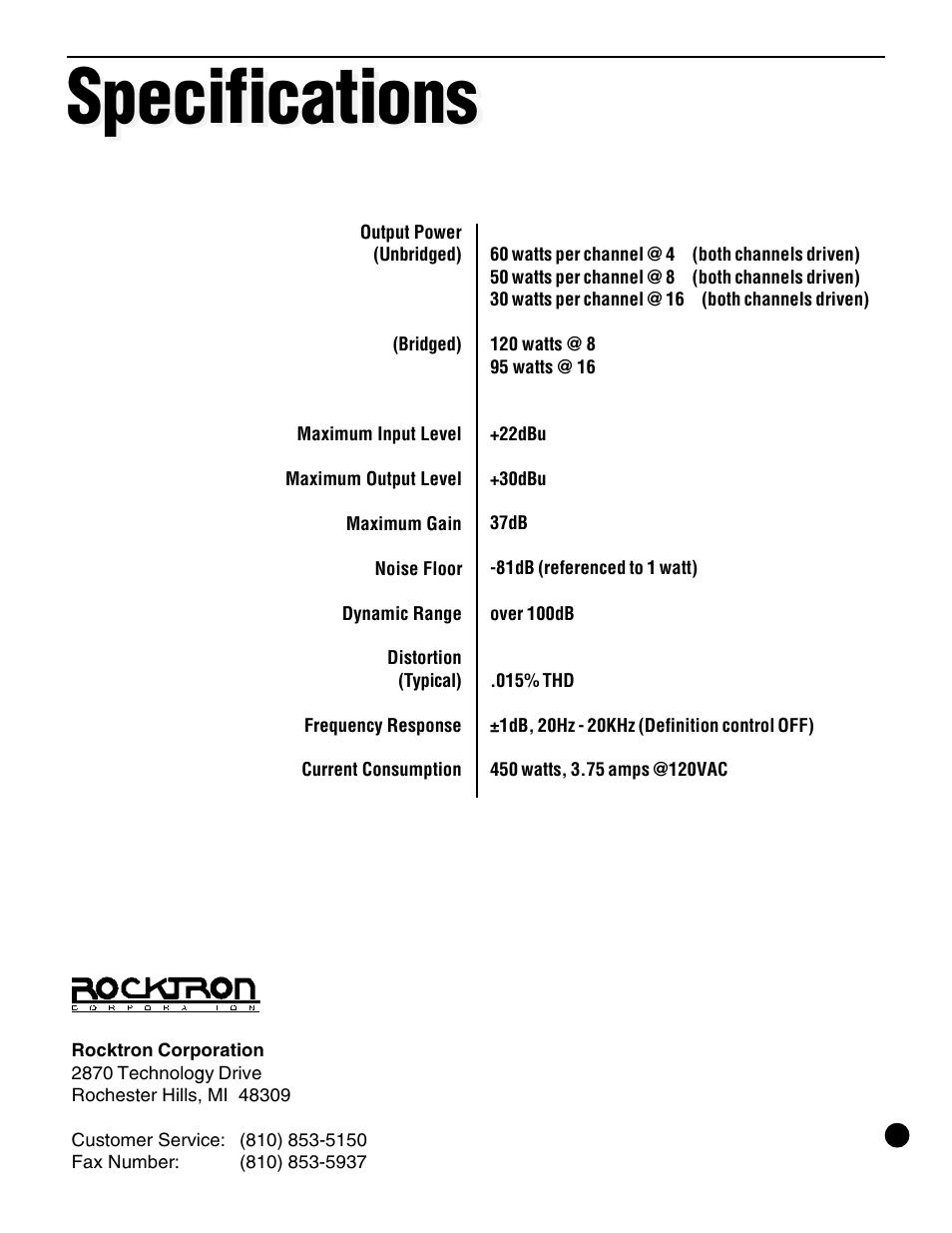 Specifications | Rocktron Velocity 120 User Manual | Page 12 / 12