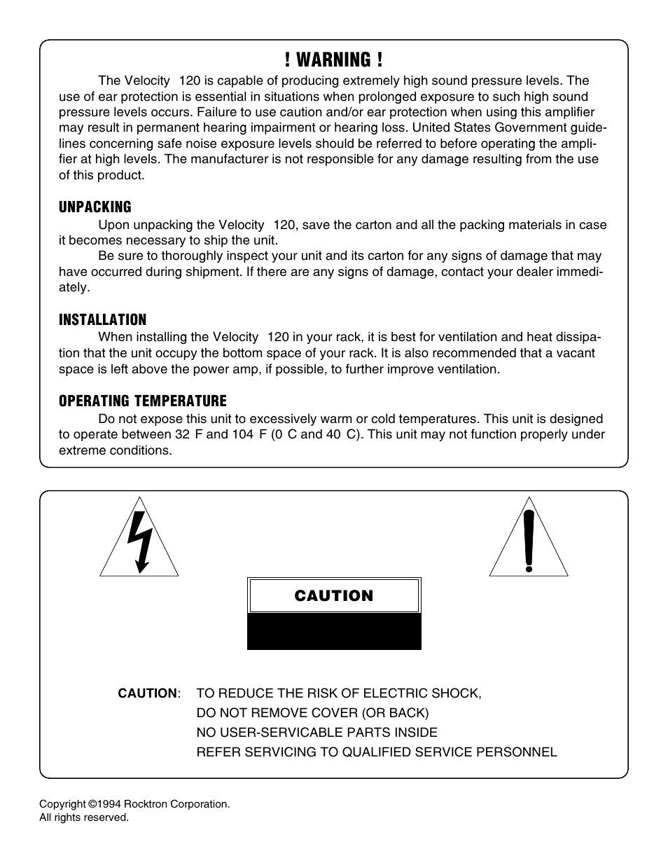 Warning, Unpacking, Installation | Operating temperature, Caution | Rocktron Velocity 120 User Manual | Page 2 / 12