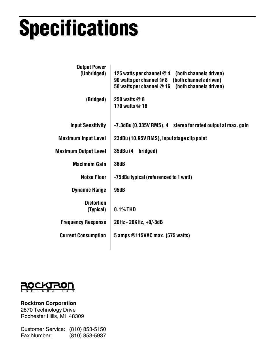 Specifications | Rocktron Velocity 250 User Manual | Page 13 / 13