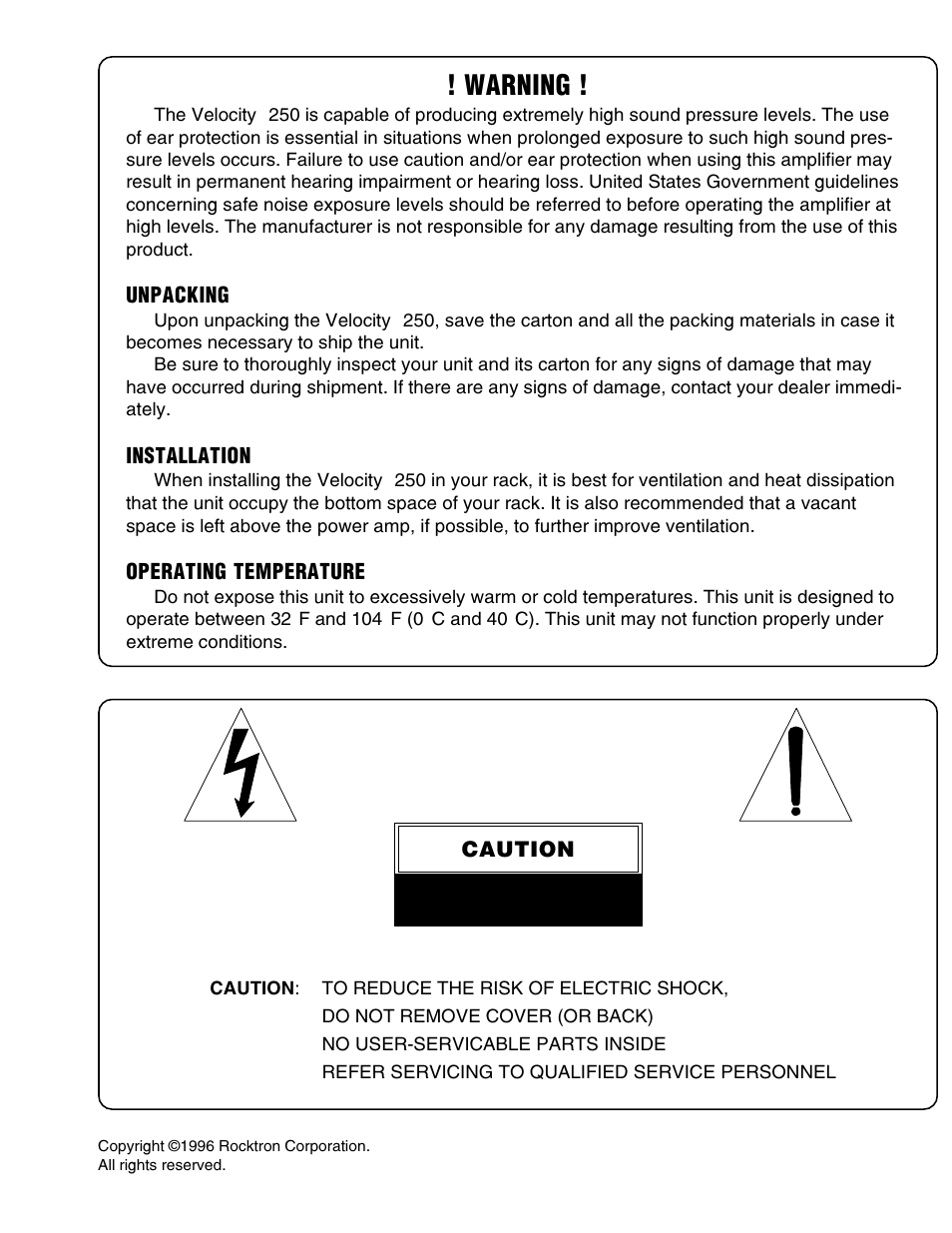 Warning, Unpacking, Installation | Operating temperature, Caution | Rocktron Velocity 250 User Manual | Page 2 / 13