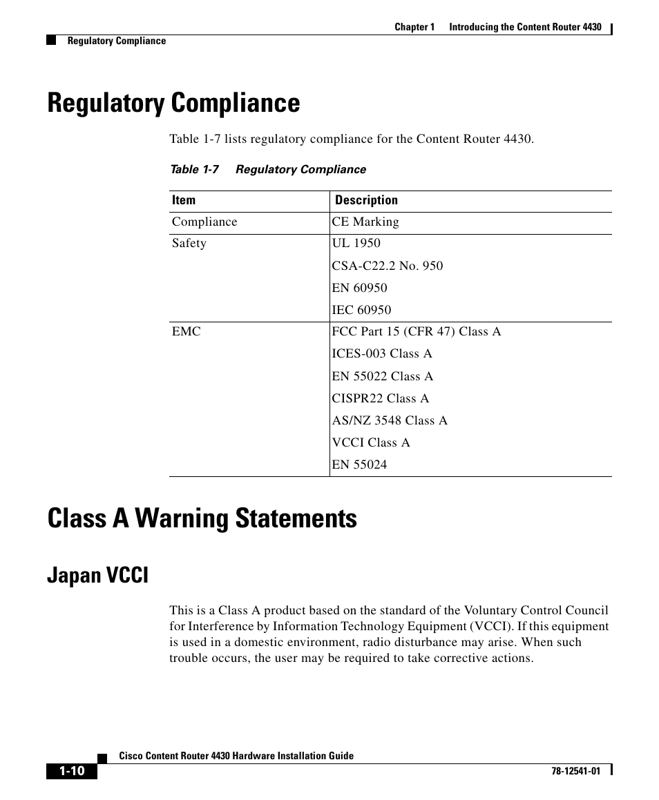 Regulatory compliance, Class a warning statements, Japan vcci | Cisco 4430 User Manual | Page 10 / 12