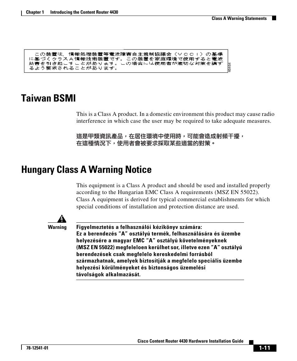 Taiwan bsmi, Hungary class a warning notice | Cisco 4430 User Manual | Page 11 / 12