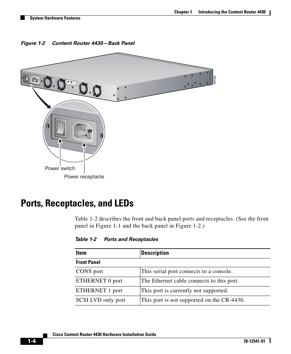 Ports, receptacles, and leds | Cisco 4430 User Manual | Page 4 / 12