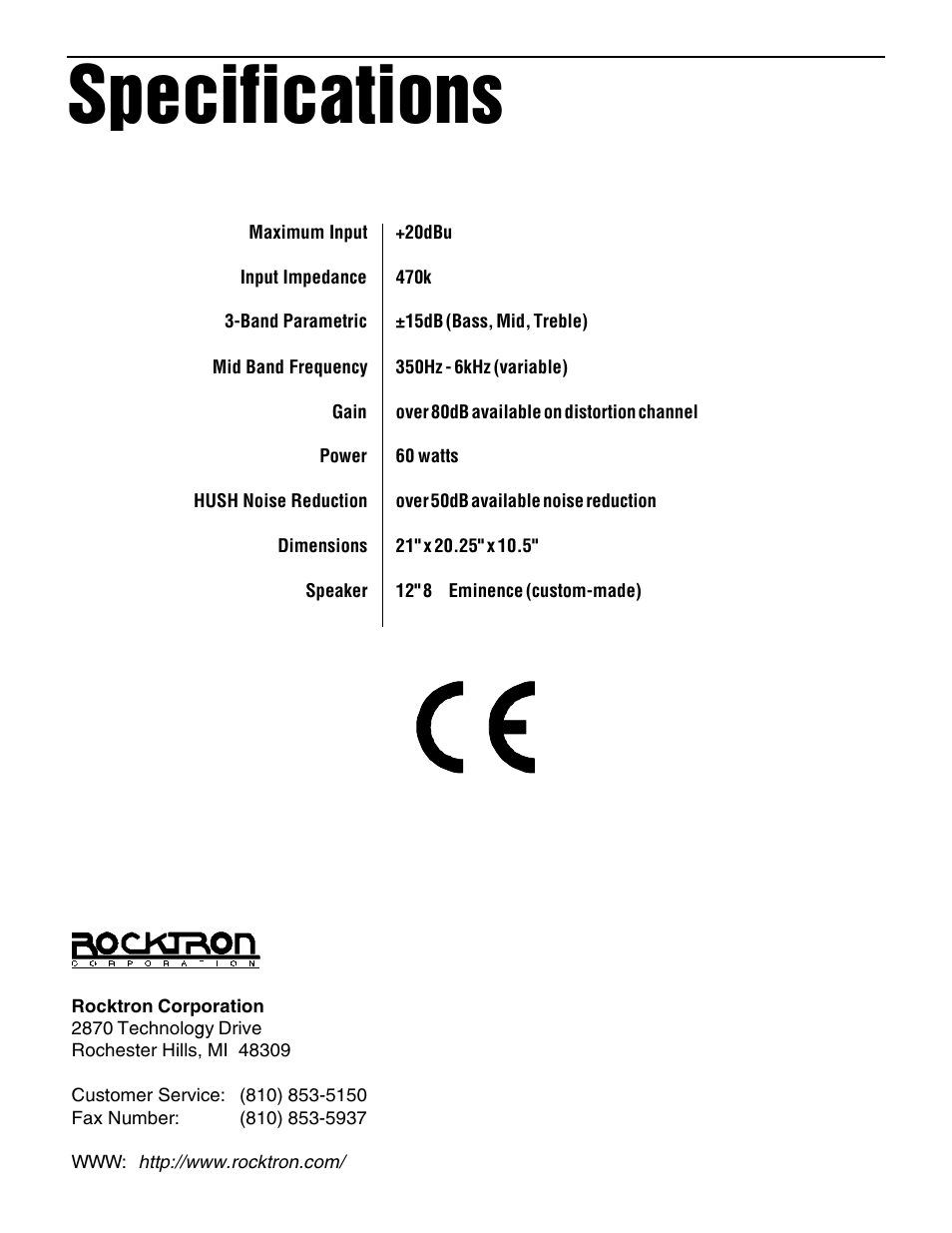 Specifications | Rocktron Velocity VT60 User Manual | Page 10 / 10