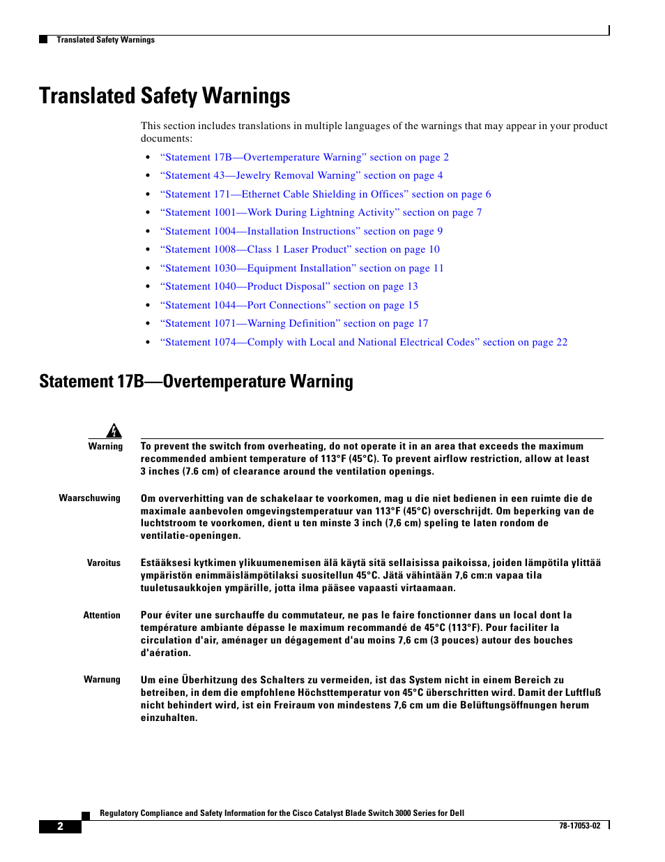 Translated safety warnings, Statement 17b-overtemperature warning, Statement 17b—overtemperature warning | Cisco 3000 Series User Manual | Page 2 / 32