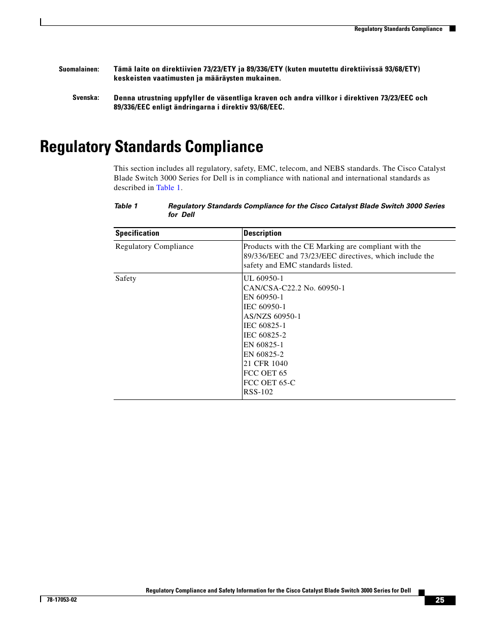 Regulatory standards compliance | Cisco 3000 Series User Manual | Page 25 / 32