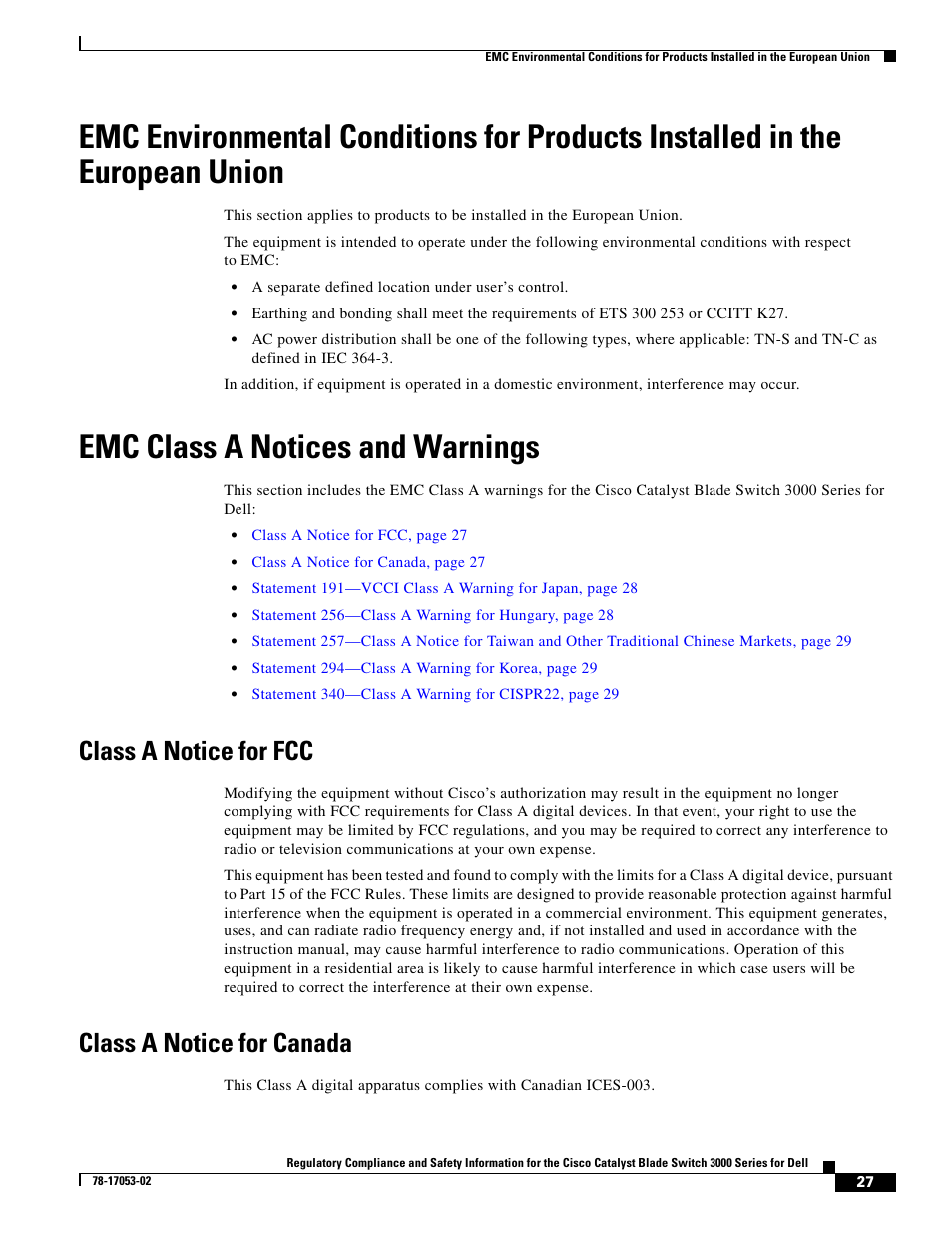 Emc class a notices and warnings, Class a notice for fcc, Class a notice for canada | Cisco 3000 Series User Manual | Page 27 / 32