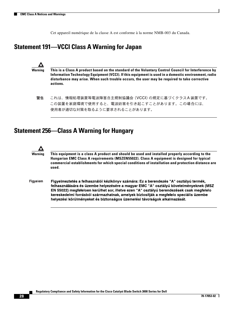 Statement 191-vcci class a warning for japan, Statement 256-class a warning for hungary | Cisco 3000 Series User Manual | Page 28 / 32