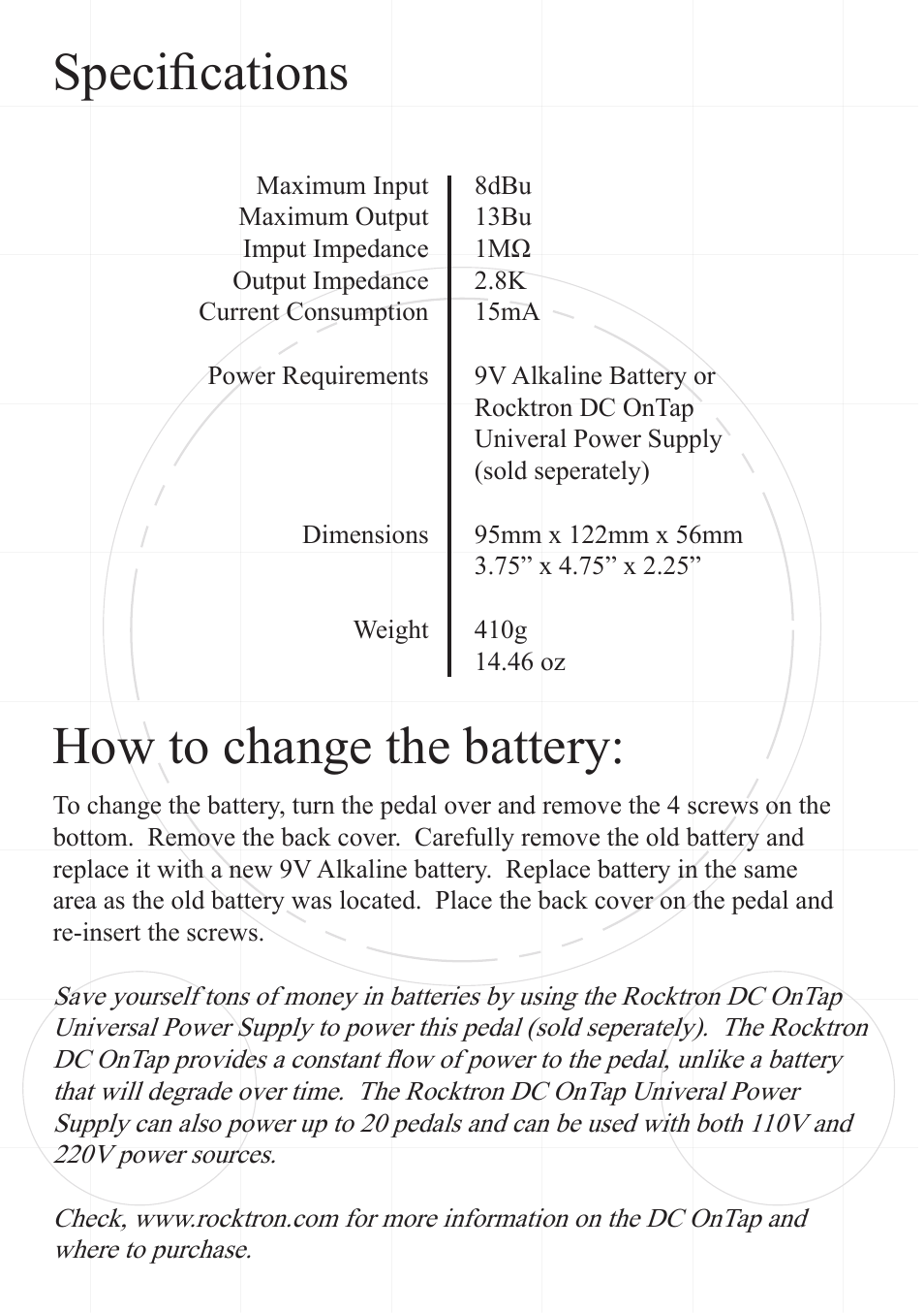 Specifications how to change the battery | Rocktron Third Angel Distortion User Manual | Page 8 / 9