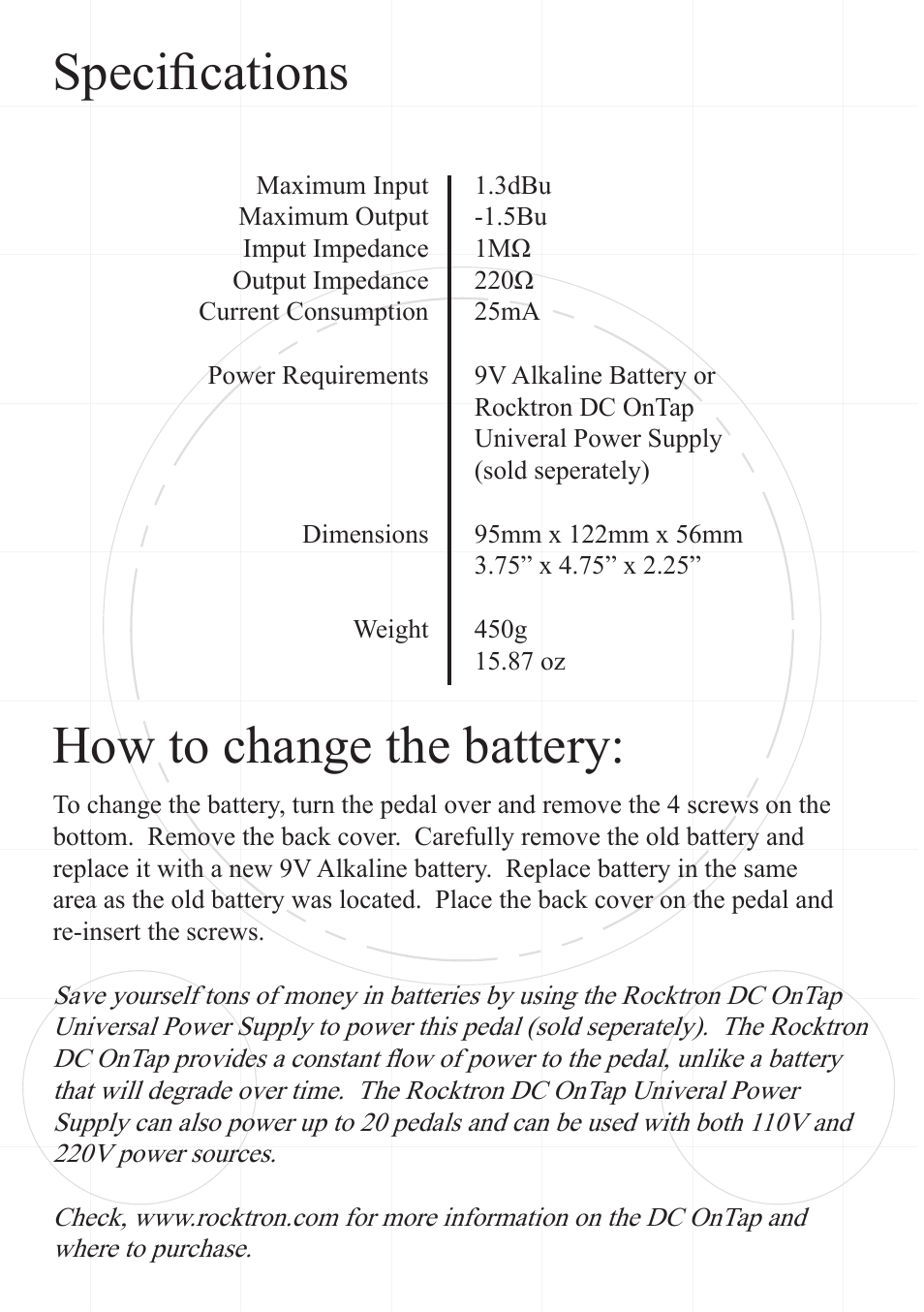 Specifications how to change the battery | Rocktron Dreamstar Chorus User Manual | Page 8 / 9