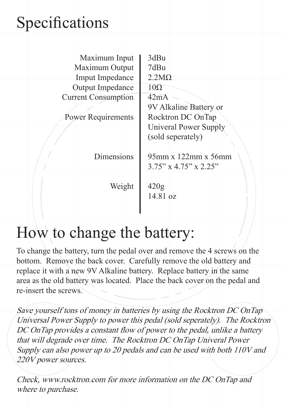 Specifications how to change the battery | Rocktron Sacred Fire Compressor User Manual | Page 8 / 9