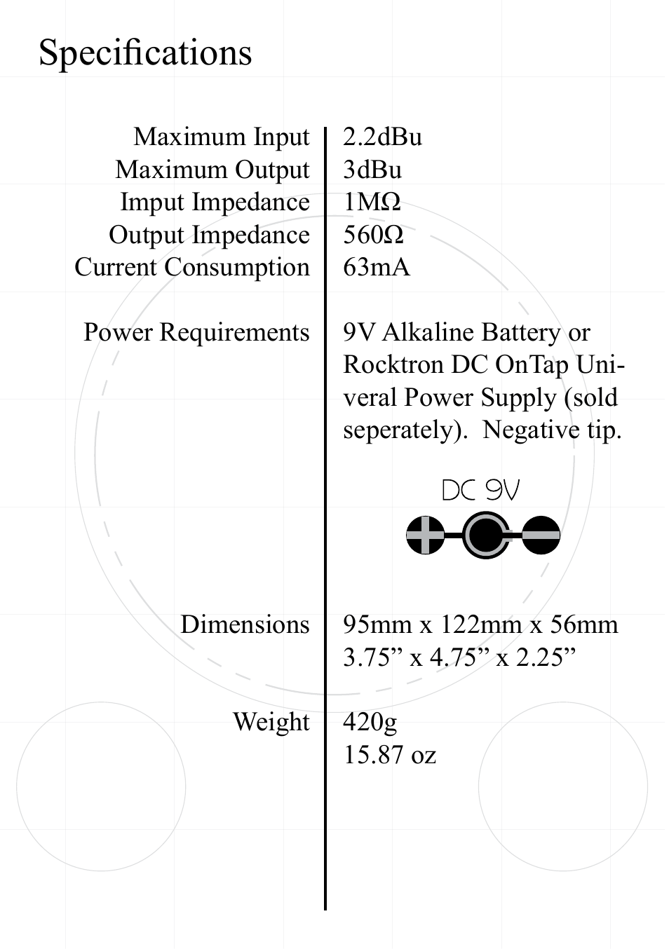 Specifications | Rocktron Cottonmouth Fuzz User Manual | Page 10 / 12