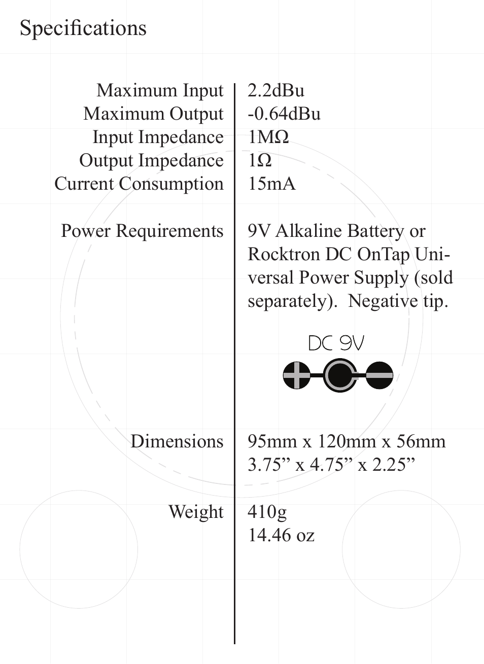 Specifications | Rocktron O.D.B. Blues User Manual | Page 10 / 12