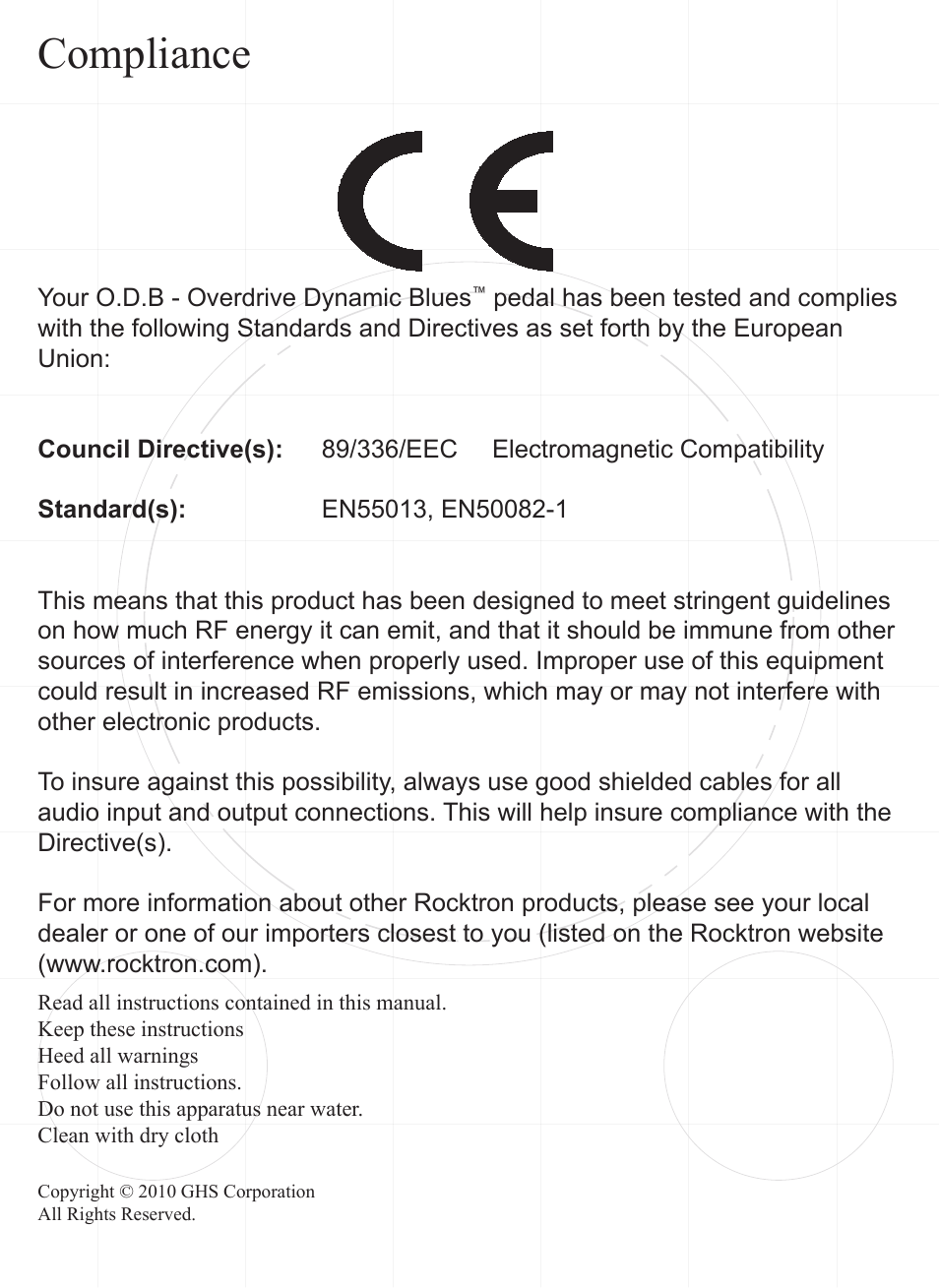 Compliance | Rocktron O.D.B. Blues User Manual | Page 2 / 12