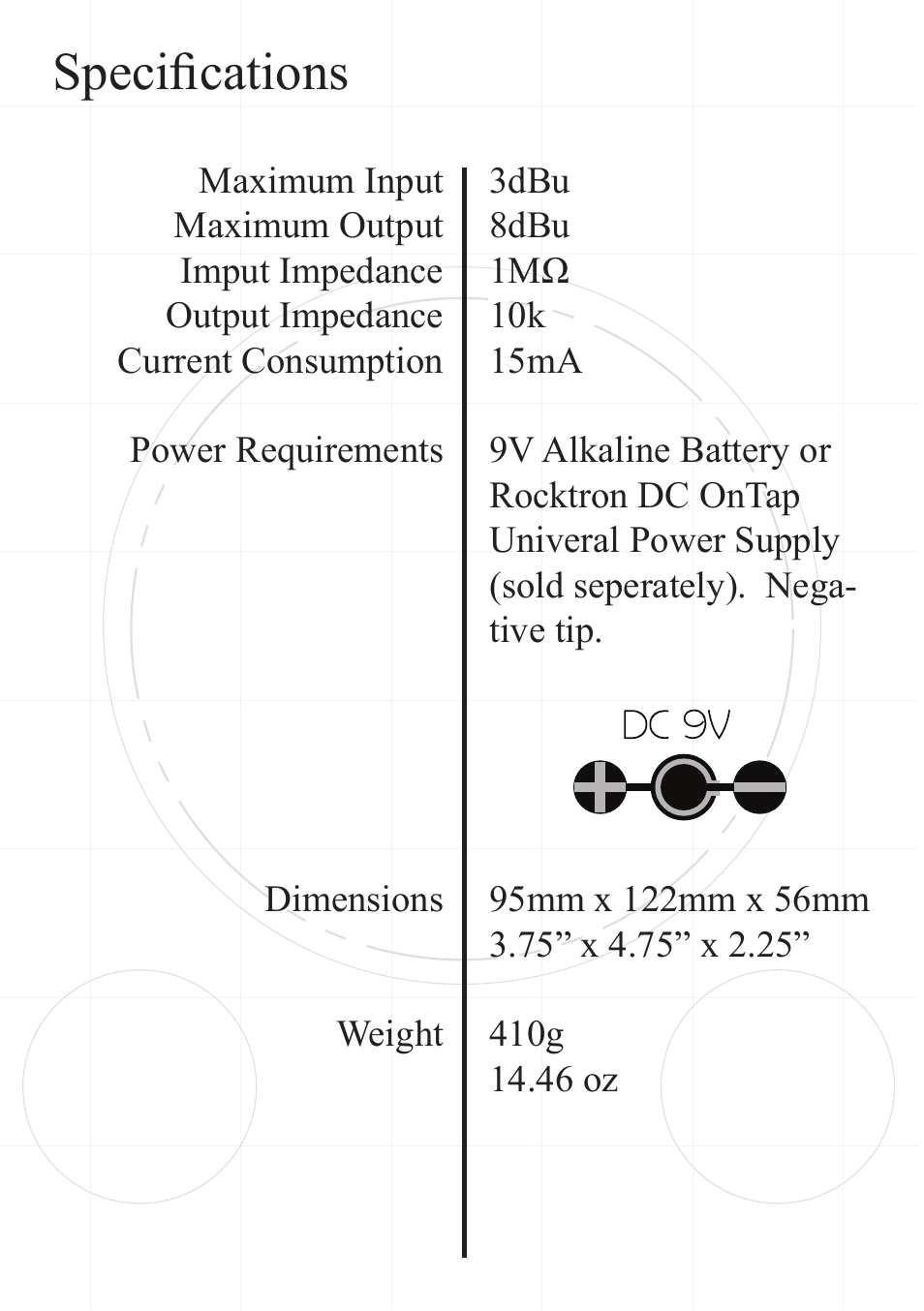 Specifications | Rocktron VII Deadly Sins Auto Wah User Manual | Page 10 / 12
