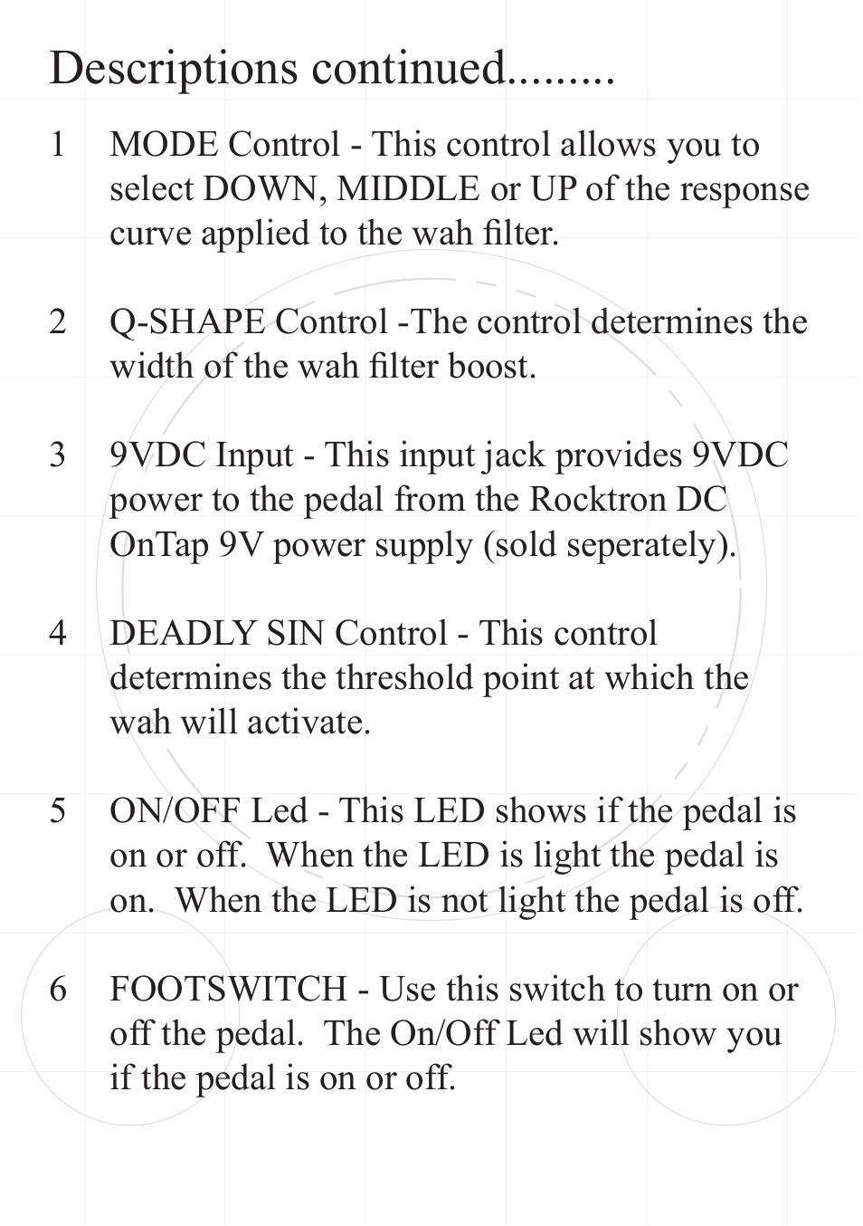 Descriptions continued | Rocktron VII Deadly Sins Auto Wah User Manual | Page 7 / 12