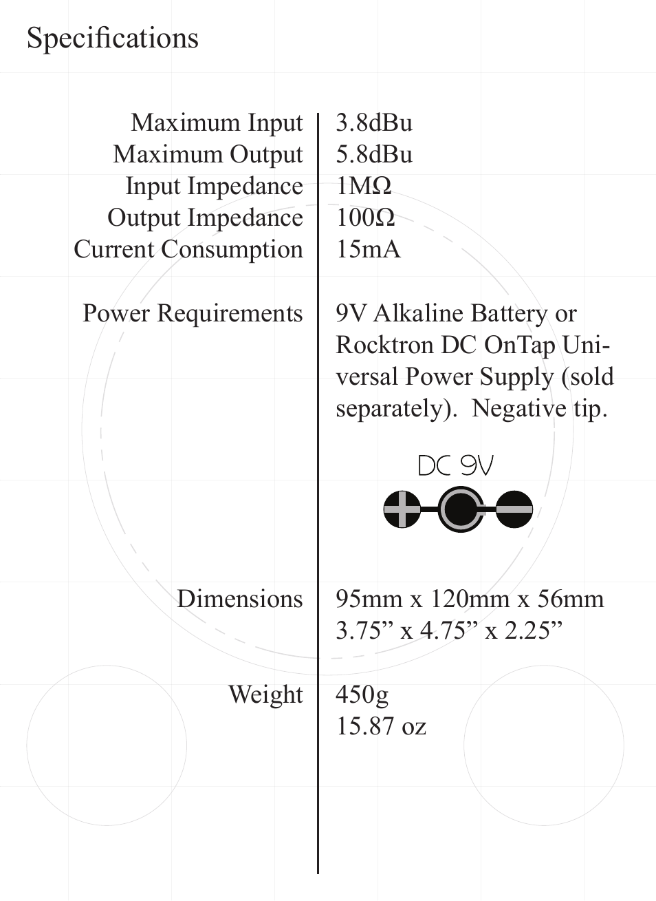 Specifications | Rocktron Sweet Spot User Manual | Page 9 / 11