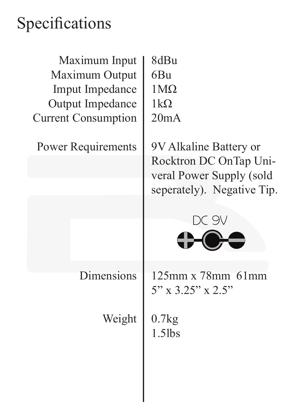 Specifications | Rocktron Reaction Distortion 1 User Manual | Page 10 / 12