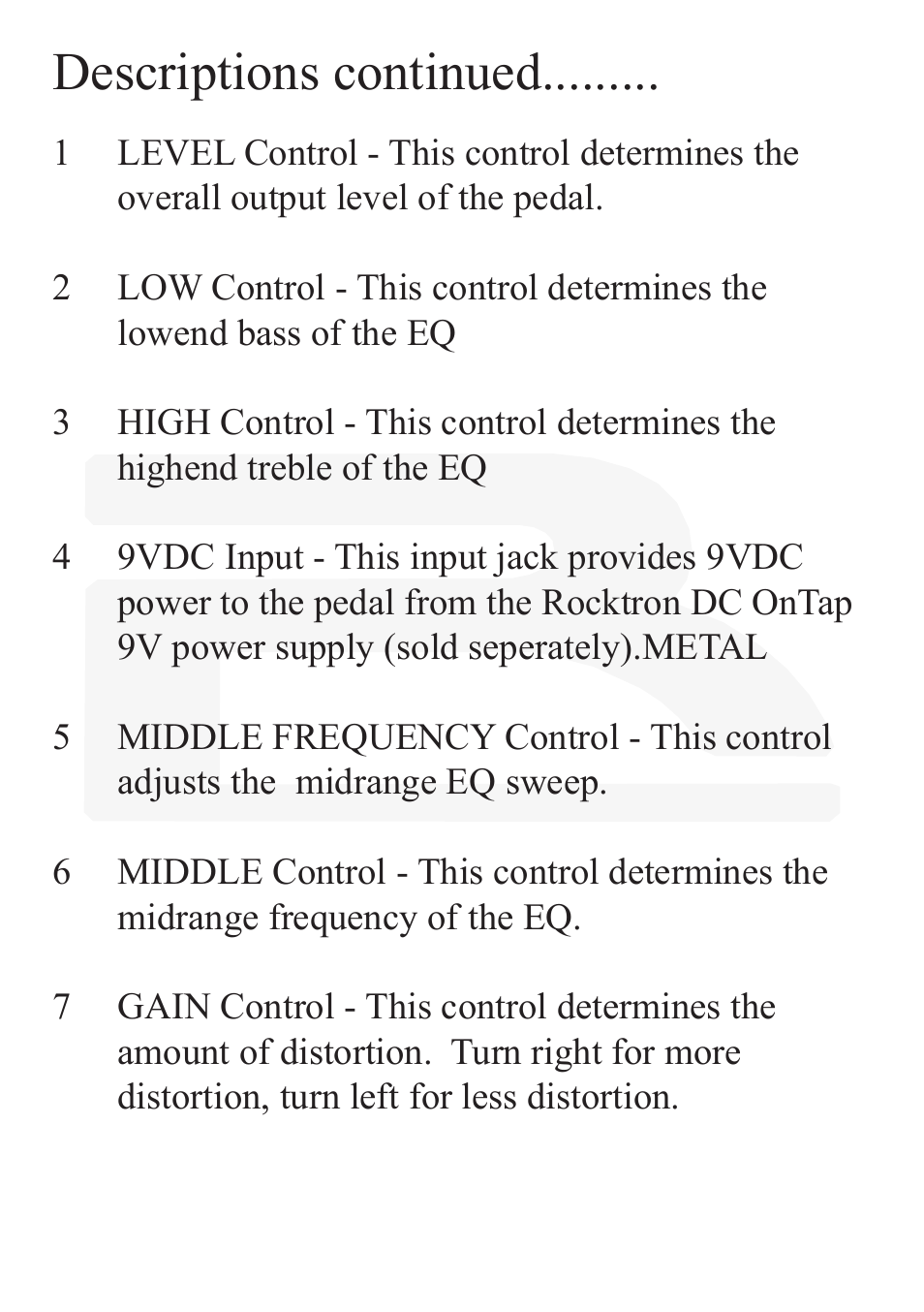 Descriptions continued | Rocktron Reaction Distortion 1 User Manual | Page 7 / 12