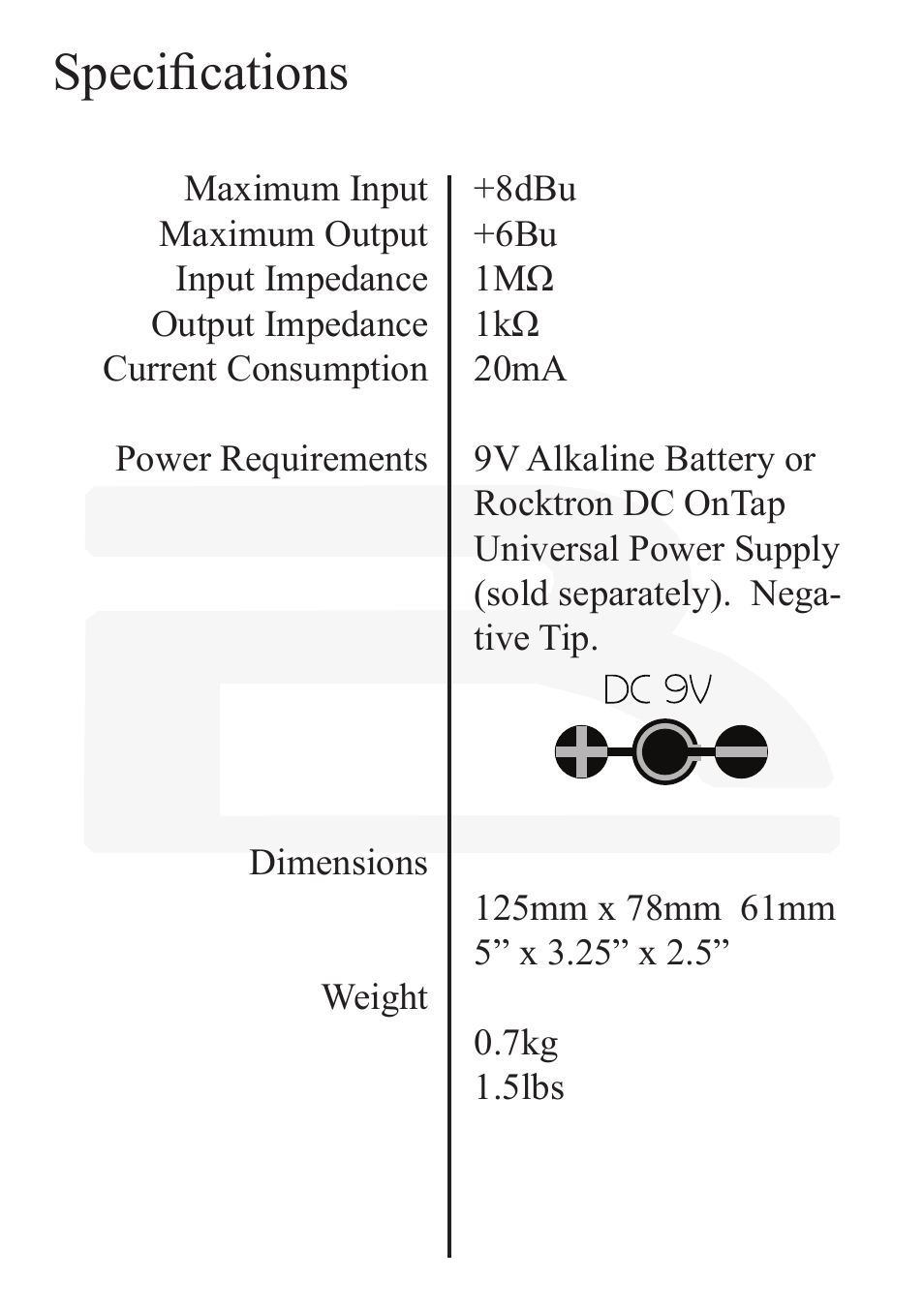 Specifications | Rocktron Reaction Distortion 2 User Manual | Page 10 / 12